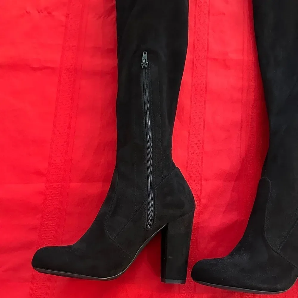 Olivia Ferguson Chic Black Suede Over the Knee Tie/Zip Boots Size 7.5